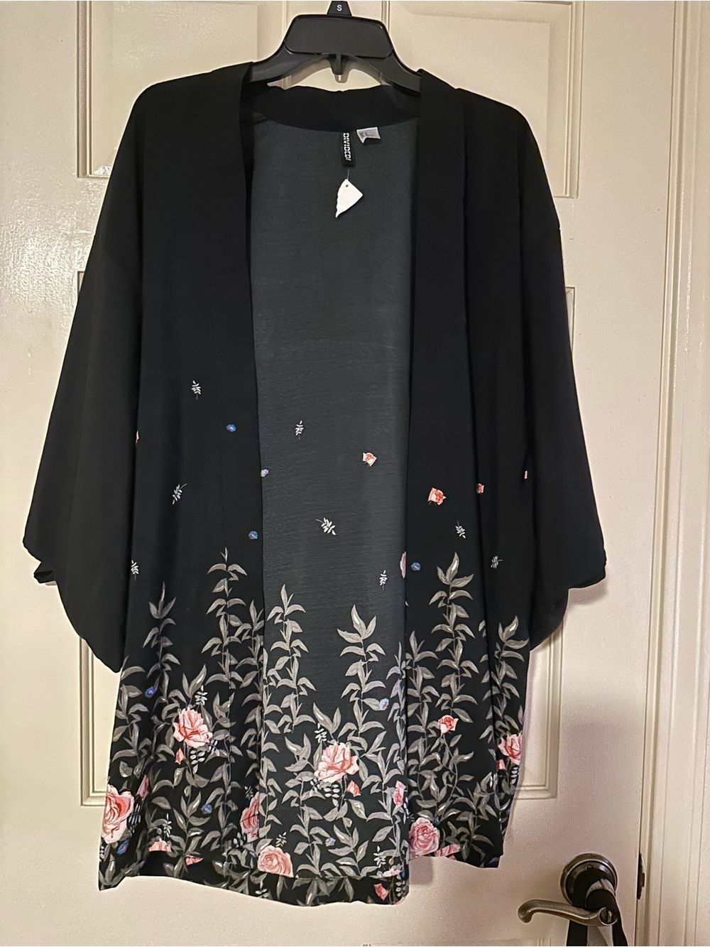 Divided Black Floral Kimono Cardigan with Pink Rose Print